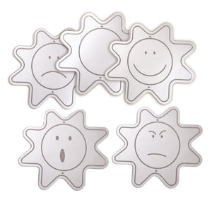 image of five mirrors, all in the shape of a star with a circle in the middle.  In the center circle, one has a happy face, one has a sad face, one has a surprised face, one has an angry face and one is a blank circle.